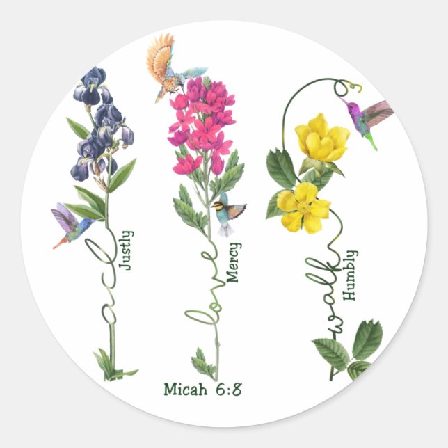 Vogel mit Blume Gerechtigkeit Liebe Gnade und gehe Runder Aufkleber (Vorderseite)