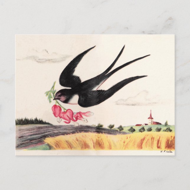 Vogel mit Blume Postkarte (Vorderseite)