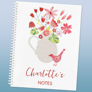 Vogel mit Blumenvase personalisierter Name Notizbuch