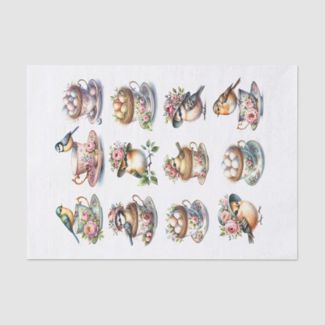 Vögel mit Hasen und Nestern in Teacups Fussy Cuts Seidenpapier (Vorderseite)