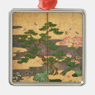 Vögel mit Herbst- und Winter-Blumen Silbernes Ornament