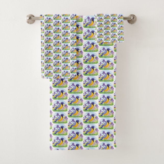 Vogel mit Iris Blume Blumenmuster farbig Badhandtuch Set (Insitu)