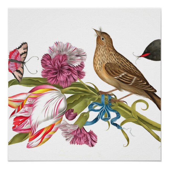 Vogel mit Tulip Nelken und Butterfisch Akryllisch Poster (Vorderseite)