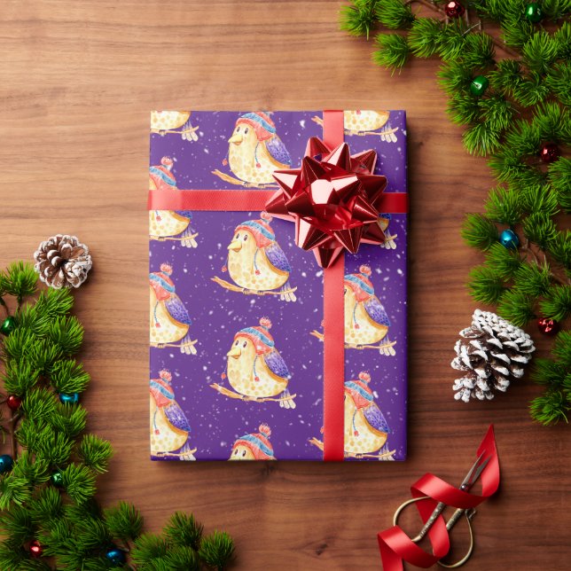 Vogel mit Winterkappe auf Lila Geschenkpapier (Feiertagsgeschenk)