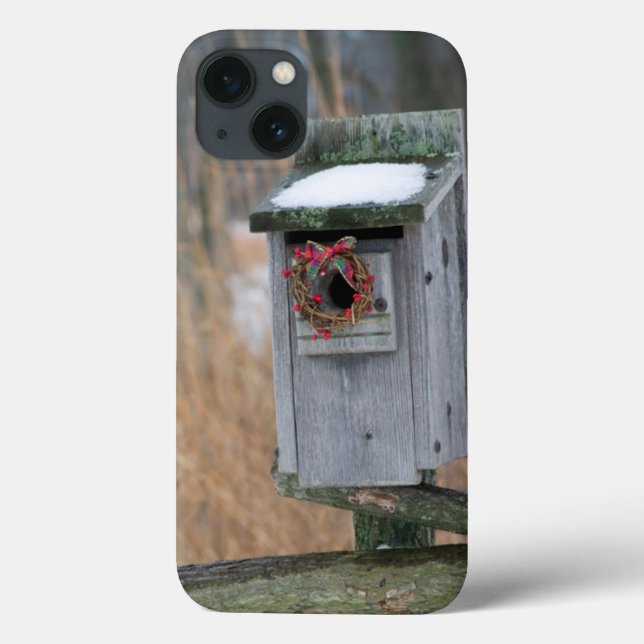 Vogel, Nestbox mit Urlaubskranz im Winter Case-Mate iPhone Hülle (Rückseite)