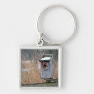 Vogel, Nestbox mit Urlaubskranz im Winter Schlüsselanhänger