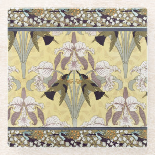Vögel, Orchideen, Maidenhair Ferns Art Nouveau Glasuntersetzer