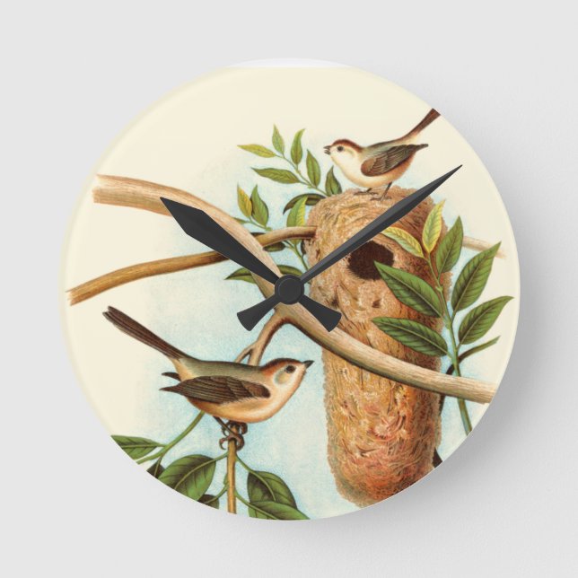 Vogel-Paare auf einem Nest gehockt auf einer Runde Wanduhr (Vorderseite)