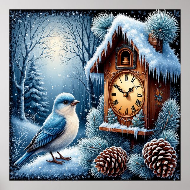 Vögel, Pinecone und Holzuhr Poster (Vorne)