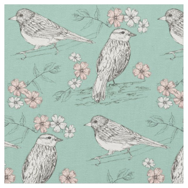 Vögel Rosa Blume Robins Egal Blau Stoff (Nahaufnahme)