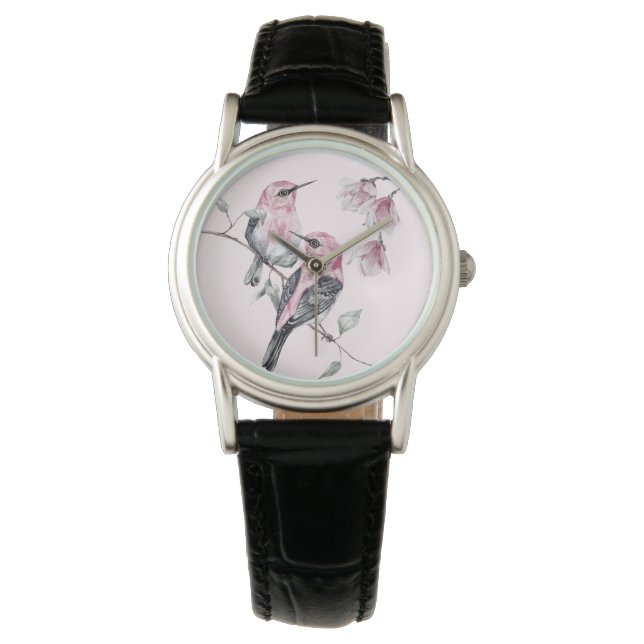 Vögel & Rosa Florals in Wasserfarbe Armbanduhr (Vorderseite)