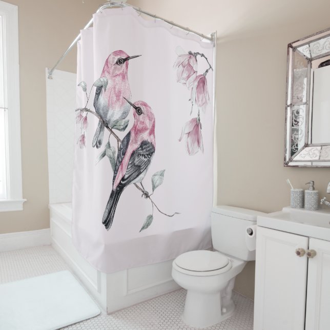 Vögel & Rosa Florals in Wasserfarbe Duschvorhang (Beispiel)
