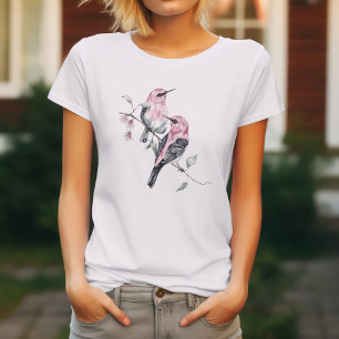 Vögel & Rosa Florals in Wasserfarbe T-Shirt