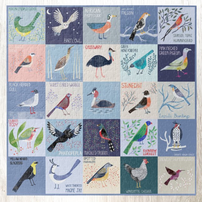 Vögel rund um die Welt Wasserfarben Kunst (Birds Around the World fun watercolor art jigsaw puzzle by Nic Squirrell)