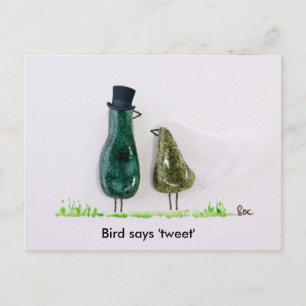 Vogel sagt 'tweet' Hochzeitspaar in grüner Keramik Postkarte