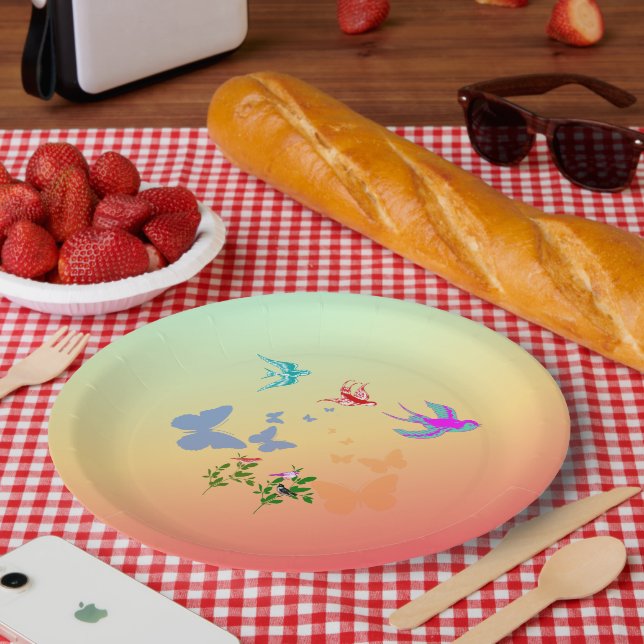 Vögel Schmetterlinge Blume in der Natur Pappteller (Picknick)