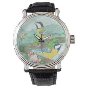 Vögel singen auf einem blühenden Baumzweig Armbanduhr