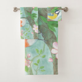 Vögel singen auf einem blühenden Baumzweig Badhandtuch Set