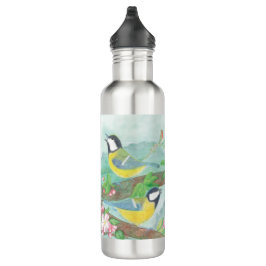 Vögel singen auf einem blühenden Baumzweig Edelstahlflasche