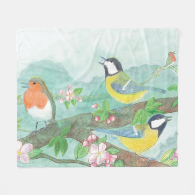 Vögel singen auf einem blühenden Baumzweig Fleecedecke (Vorderseite (Horizontal))