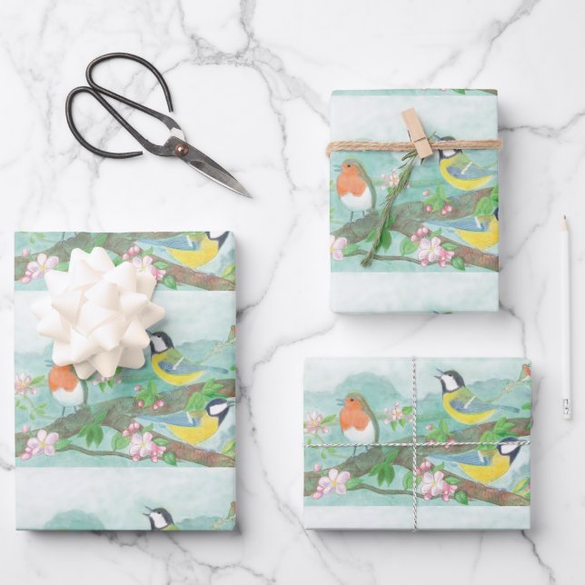 Vögel singen auf einem blühenden Baumzweig Geschenkpapier Set (Vorderseite)