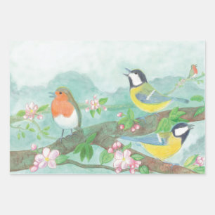 Vögel singen auf einem blühenden Baumzweig Geschenkpapier Set