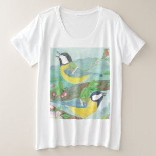 Vögel singen auf einem blühenden Baumzweig Große Größe T-Shirt