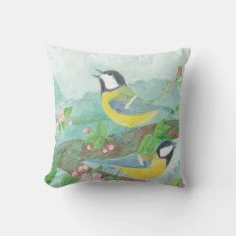 Vögel singen auf einem blühenden Baumzweig Kissen
