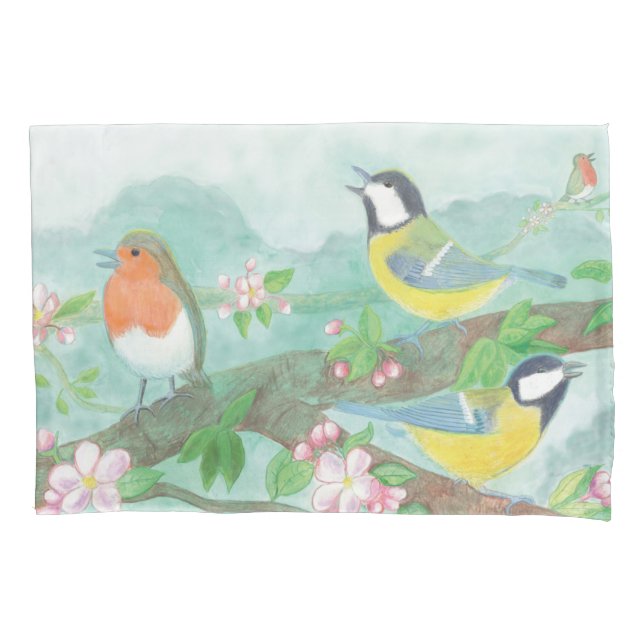 Vögel singen auf einem blühenden Baumzweig Kissenbezug (Vorderseite)