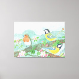 Vögel singen auf einem blühenden Baumzweig Leinwanddruck