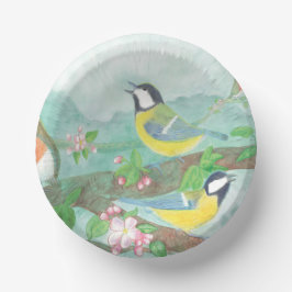 Vögel singen auf einem blühenden Baumzweig Pappteller