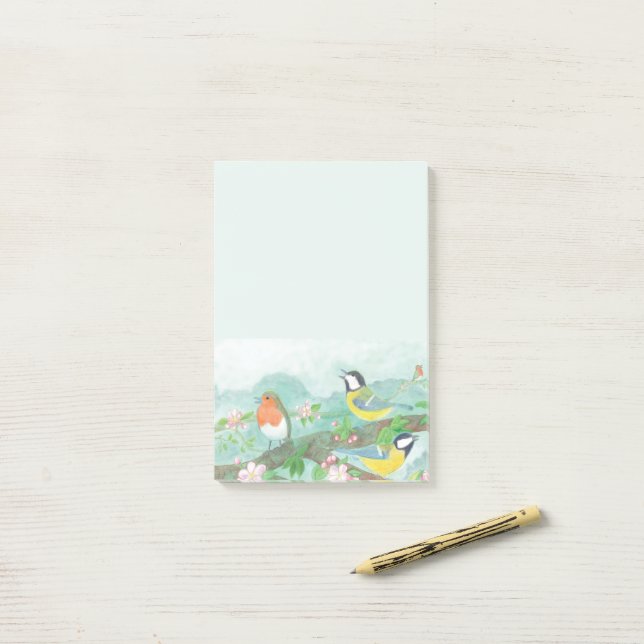 Vögel singen auf einem blühenden Baumzweig Post-it Klebezettel (Auf Schreibtisch)