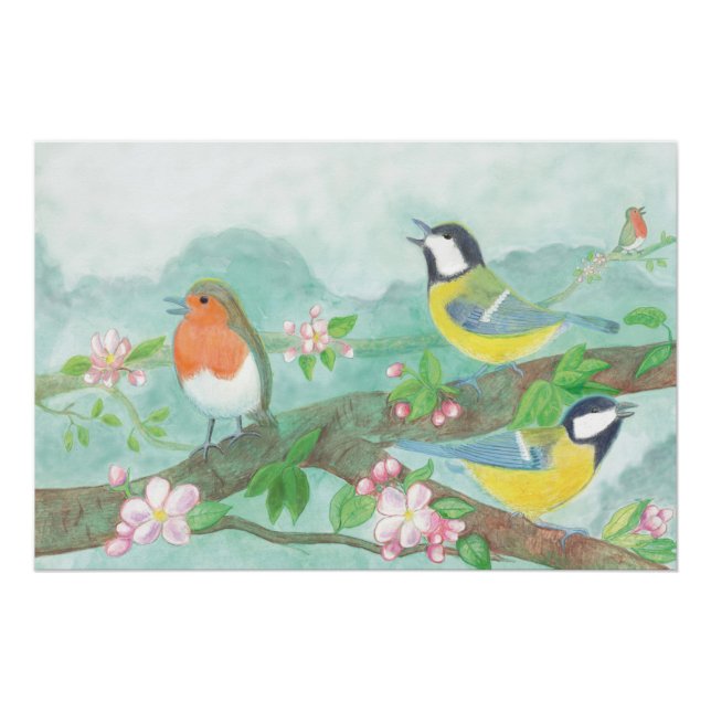 Vögel singen auf einem blühenden Baumzweig Poster (Vorderseite)