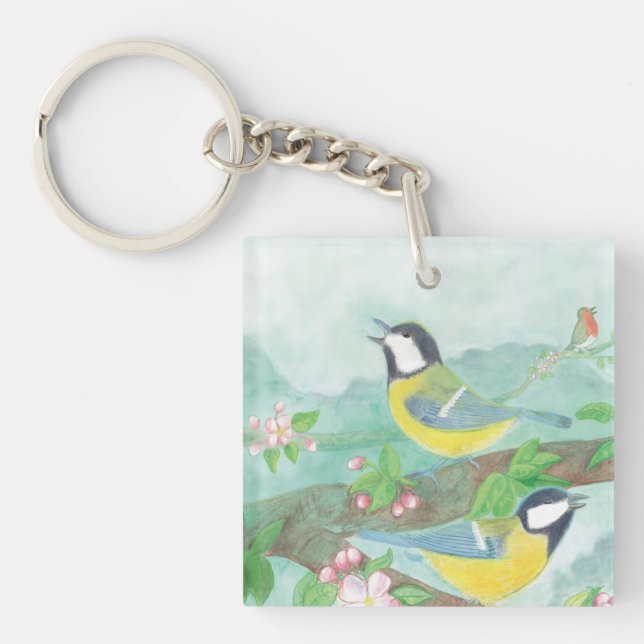 Vögel singen auf einem blühenden Baumzweig Schlüsselanhänger (Vorderseite)