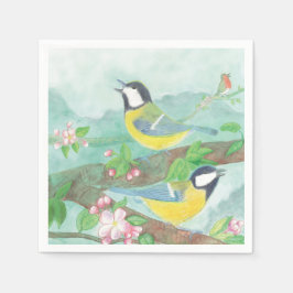 Vögel singen auf einem blühenden Baumzweig Serviette