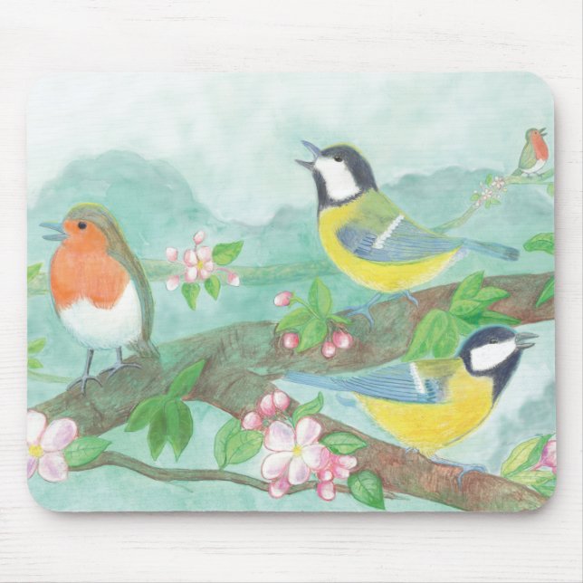 Vögel singen im Frühjahr auf einem blühenden Baumz Mousepad (Vorne)