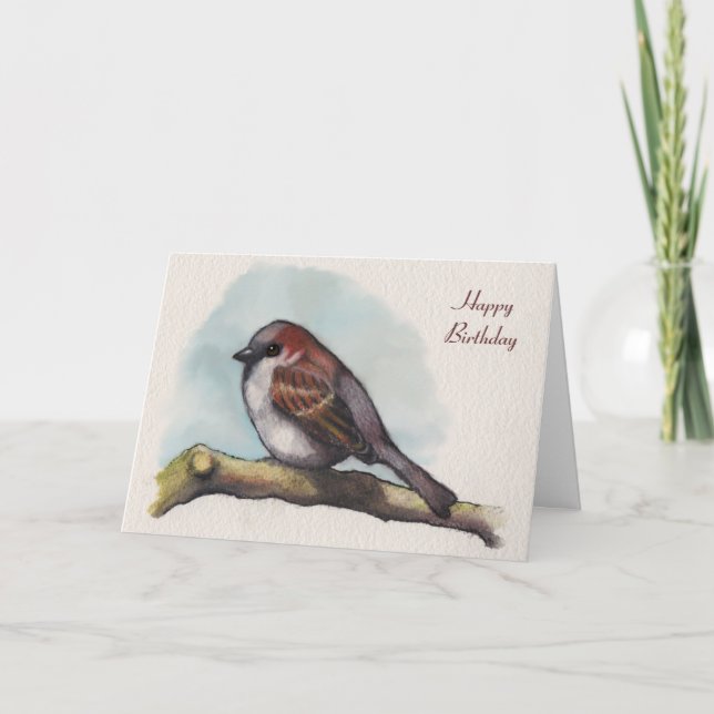 Vogel, Sparrow: Aquarellmalerei, Geburtstag Karte (Vorderseite)