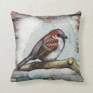 Vogel, Spatz: Aquarell-Malerei: Felsen, Steine Kissen