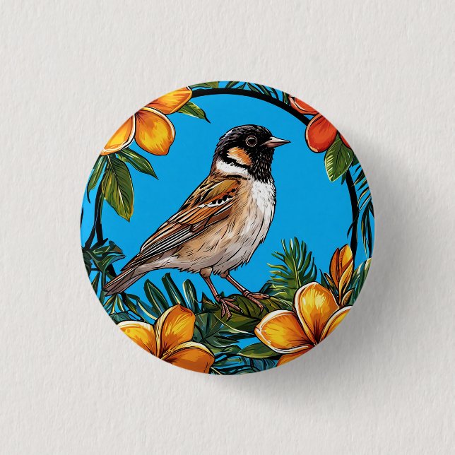 Vogel, umrahmt von lebendigen Blumen Button (Vorderseite)