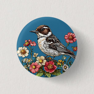 Vogel, umrahmt von lebendigen Blumen Button