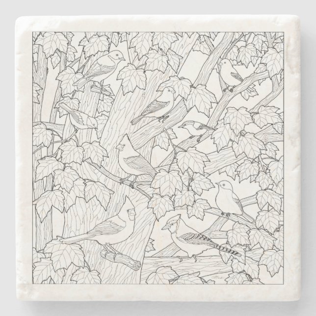 Vögel und Ahornbaum U-Farbe Steinuntersetzer (Vorderseite)