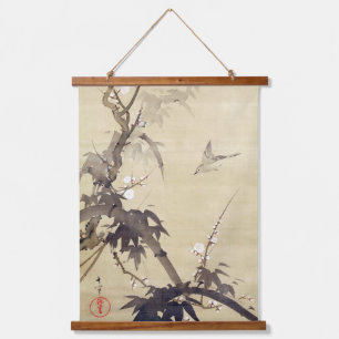 Vogel- und Bambusbaum, Kiitsu, Tintenzeichnung Wandteppich Mit Holzrahmen
