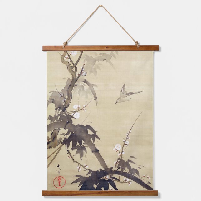 Vogel- und Bambusbaum, Kiitsu, Tintenzeichnung Wandteppich Mit Holzrahmen (Vorderseite)