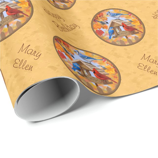 Vögel und Birdfeeder Herbst Gold Geschenkpapier (Rolleneckpunkt)