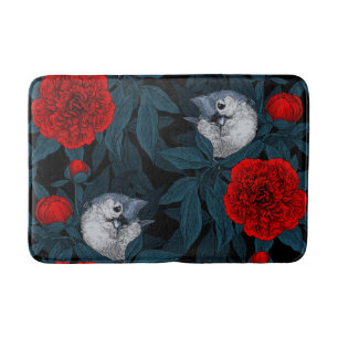 Vögel und Blume aus Roter Pest mit blauen Blätter Badematte