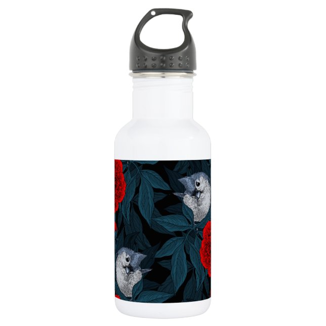 Vögel und Blume aus Roter Pest mit blauen Blätter Edelstahlflasche (Vorderseite)