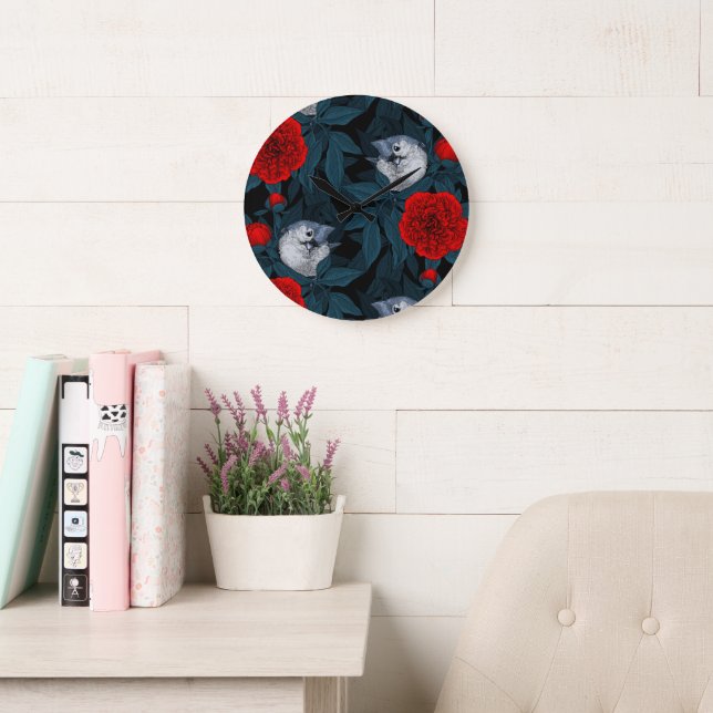 Vögel und Blume aus Roter Pest mit blauen Blätter Große Wanduhr (Lesesaal)