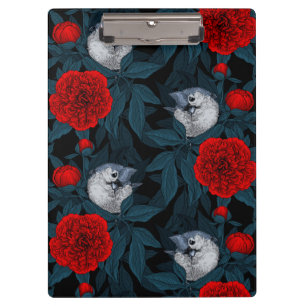 Vögel und Blume aus Roter Pest mit blauen Blätter Klemmbrett
