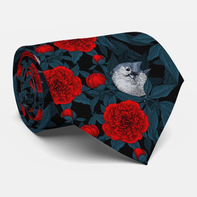 Vögel und Blume aus Roter Pest mit blauen Blätter Krawatte (Gerollt)