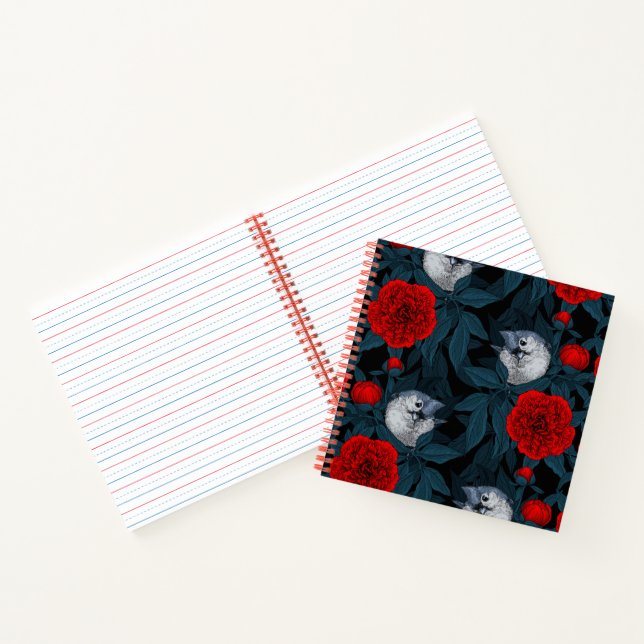 Vögel und Blume aus Roter Pest mit blauen Blätter Notizbuch (Innenseite)